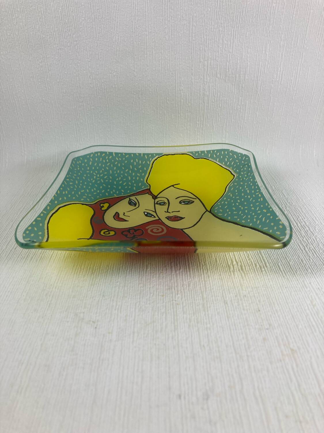 Yves Blayo Signed "Russian Women" Glass Trinket Tray in Screen-Printed Glass