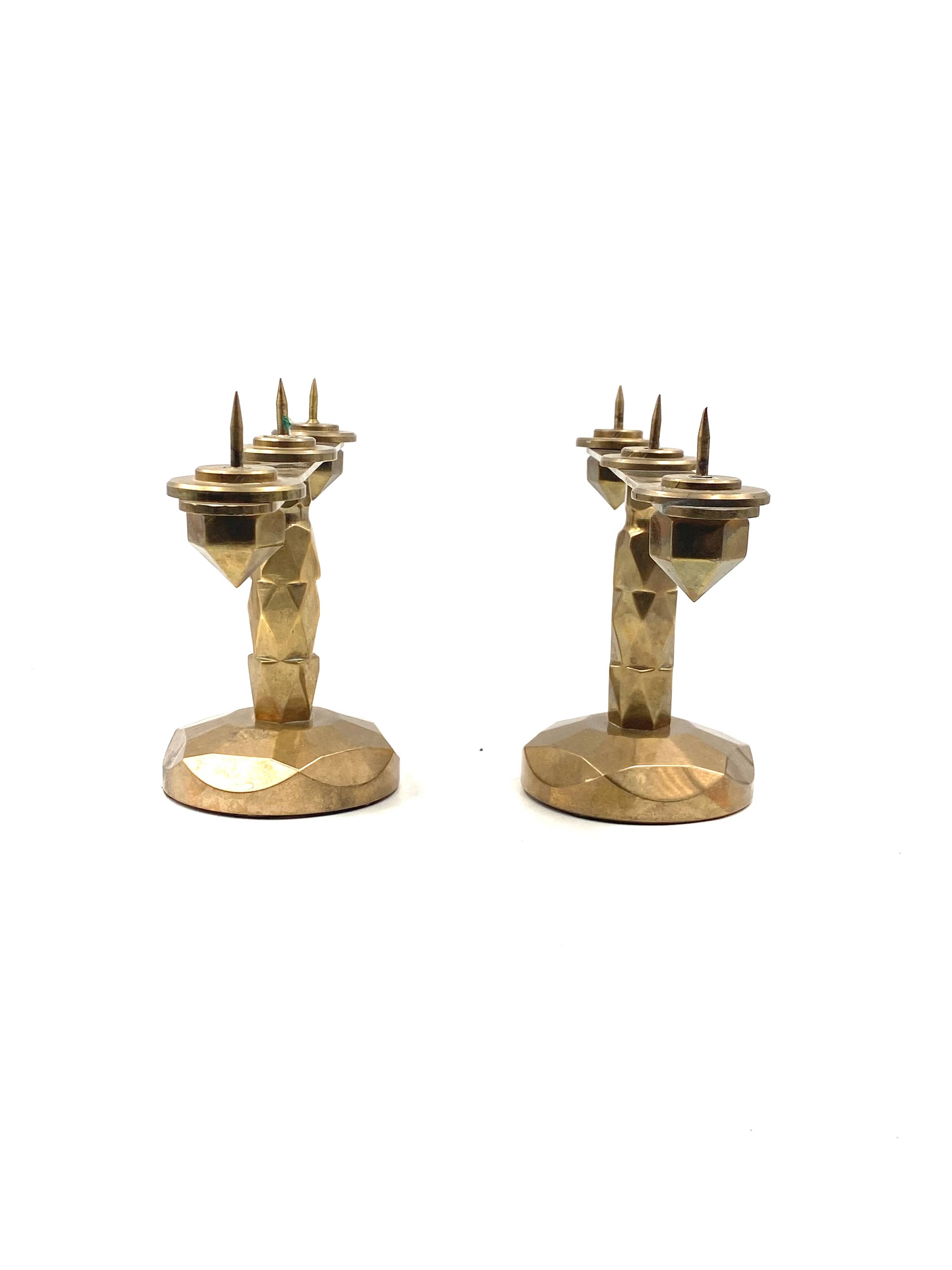 Brutalist brass pair of candle holders, France 1970