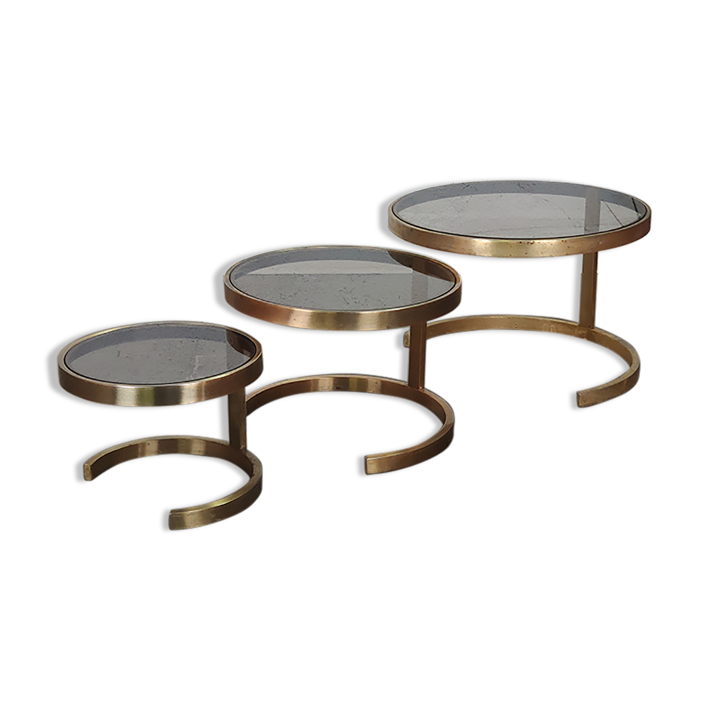 Superb trundle table round golden and smoked glass