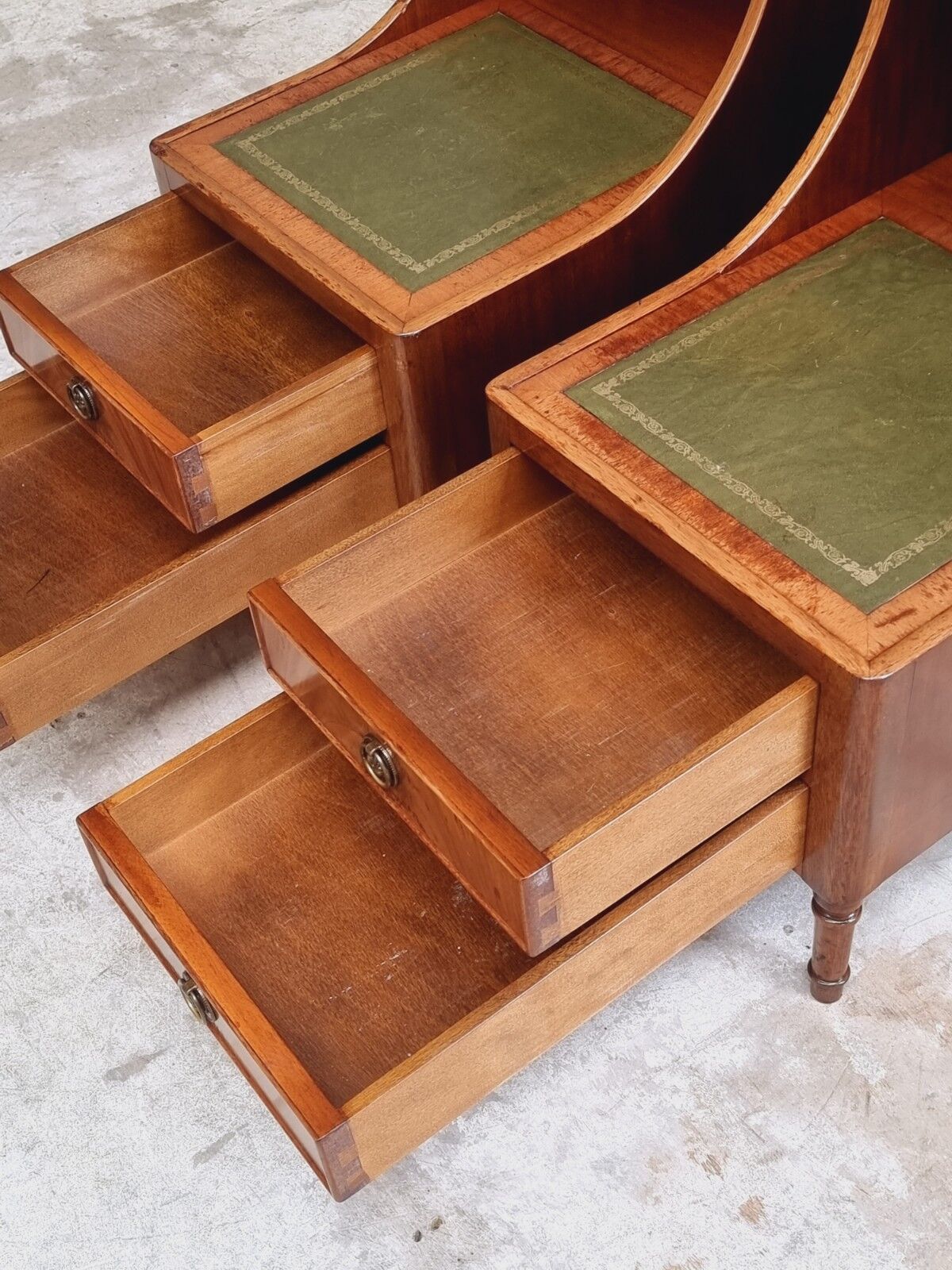 Set of mid century bedside tables with inlaid leather