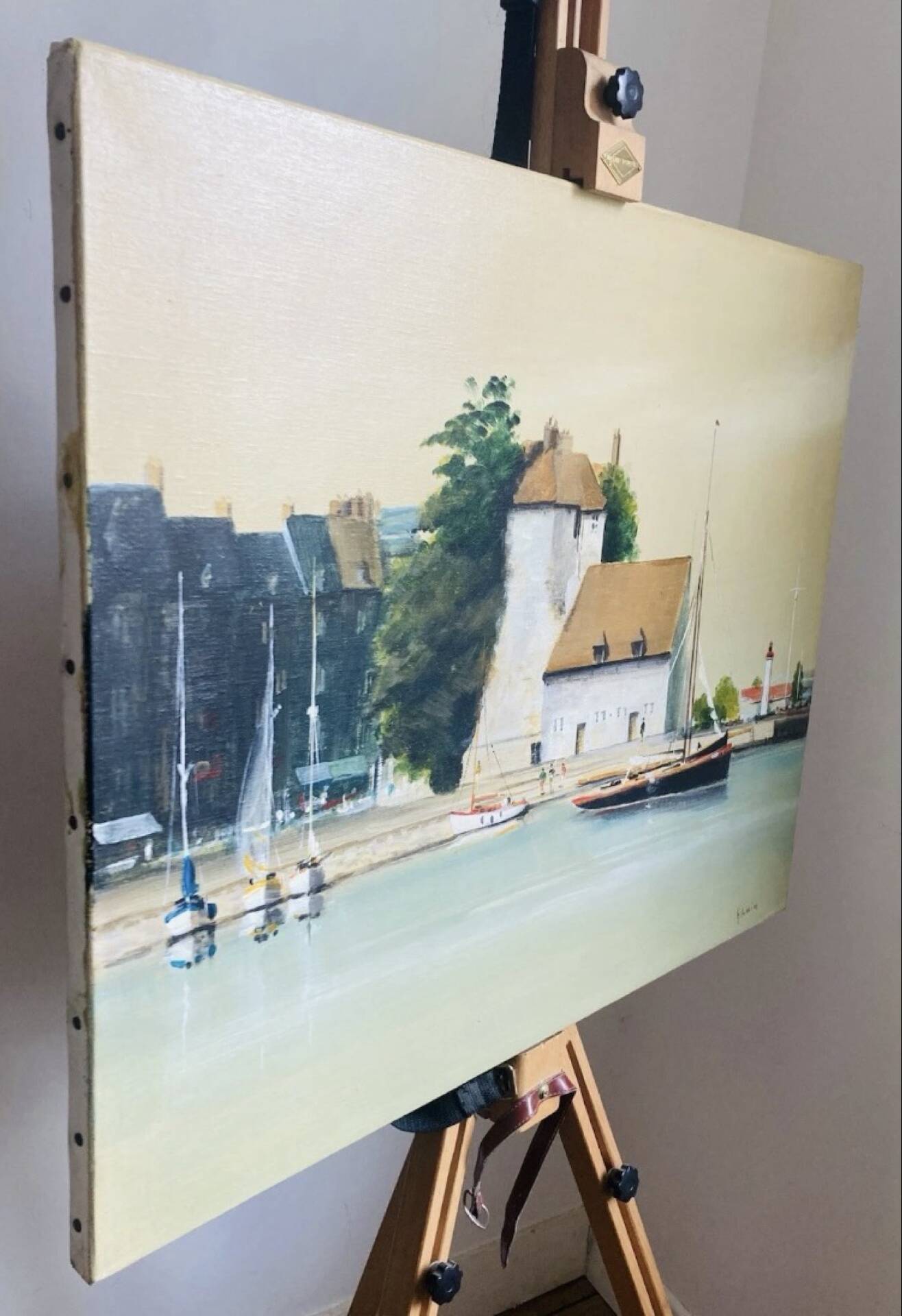 Oil painting on canvas of the old port of Honfleur signed Alain Huin.
