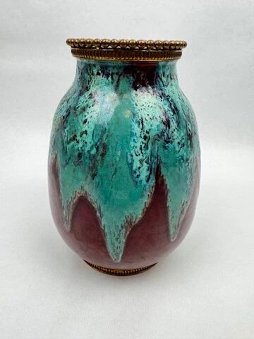 Vase CAB (Ceramics of Art from Bordeaux), turquoise green and red glaze.