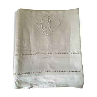 Drap ancien en fil de lin  brodé monogrammé