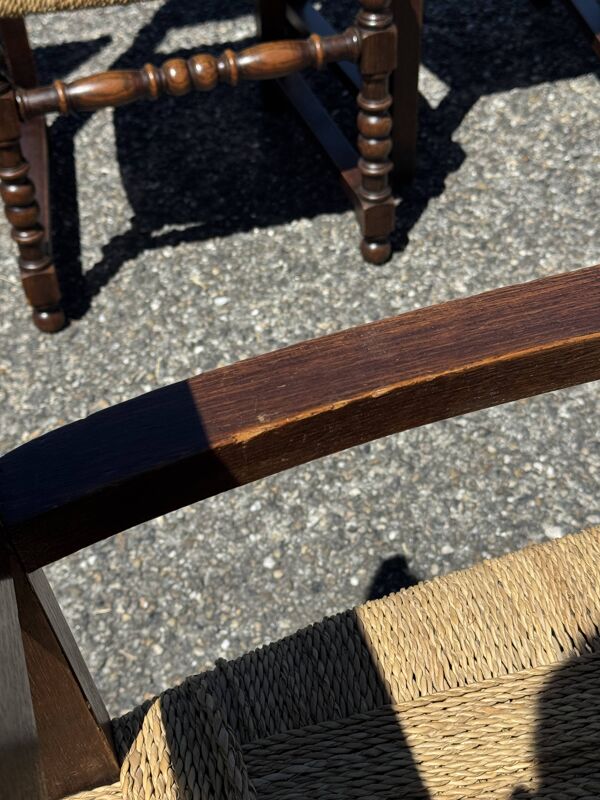 Lot 6 chaises rustiques paillées — 2 fauteuils + 4 chaises — style Louis 13