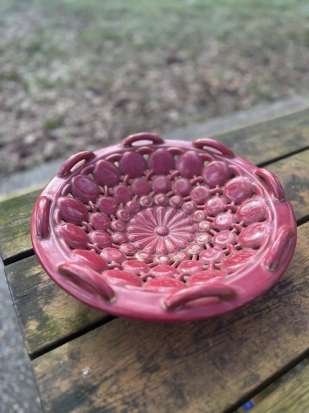Vintage ceramic bowl from the 1950s, Vallauris style, light burgundy.