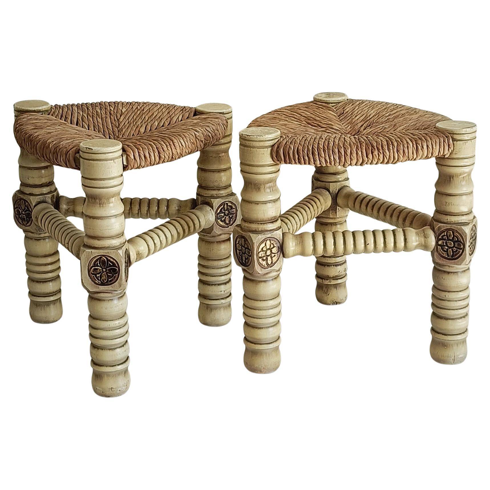 Brutalist Hand-Carved Wood and Fiber Stools, Belgium, Circa 1960s