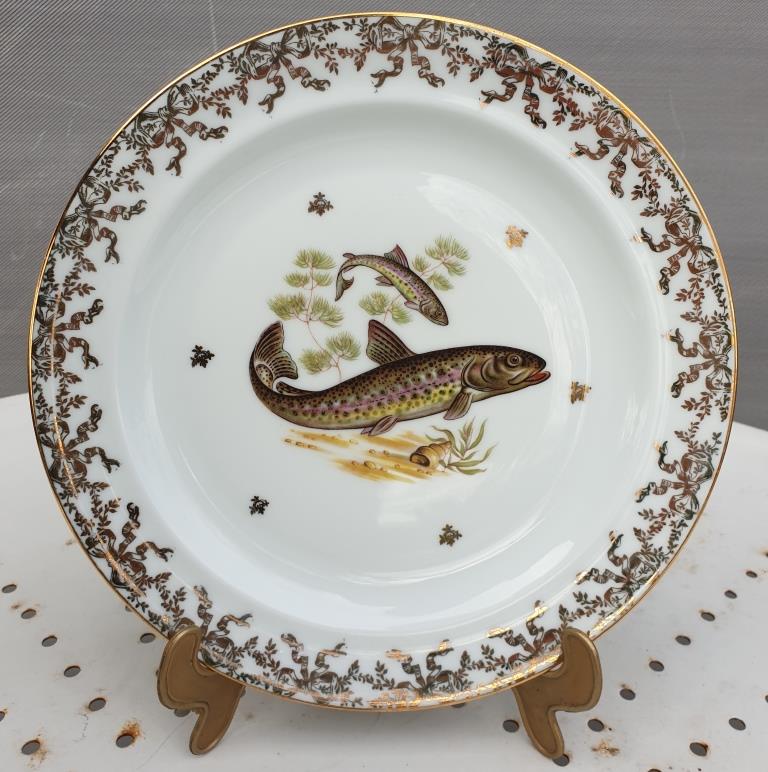 Set 12 plates porcelain gold fine fish fern limousine de Chastagner