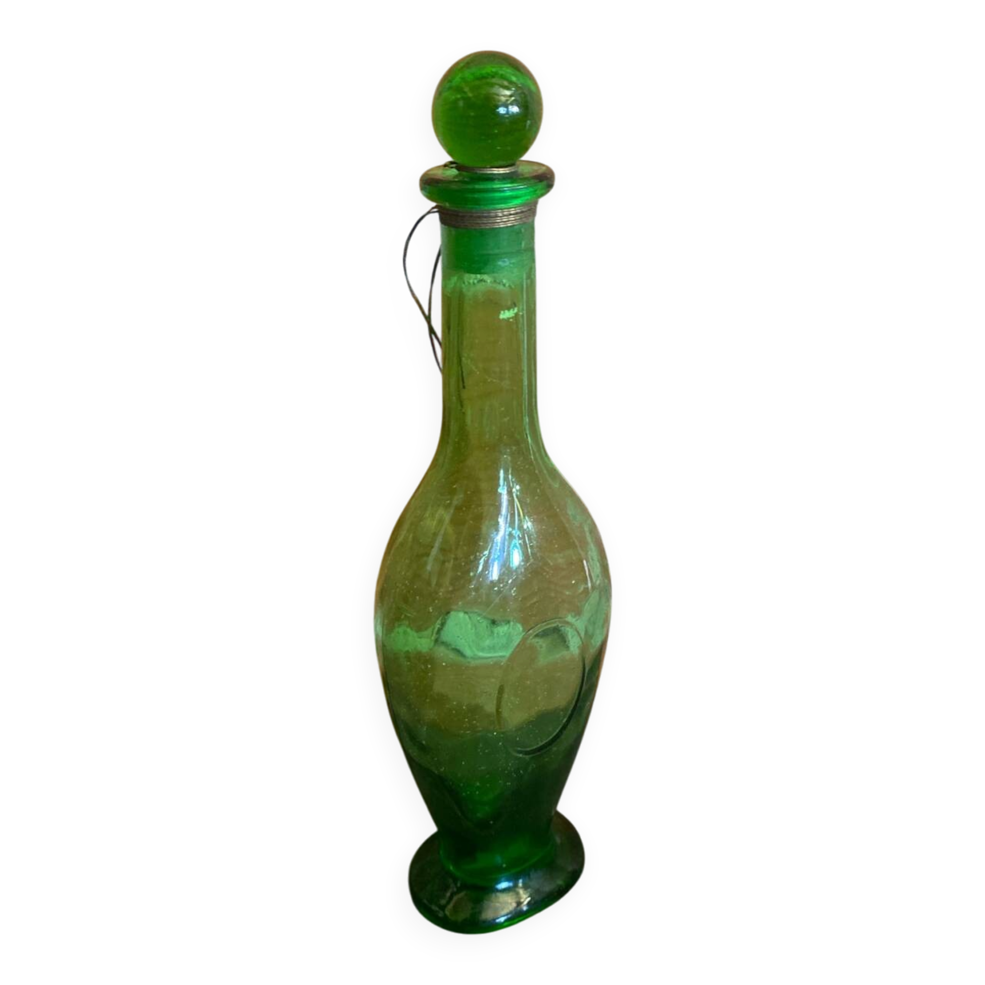Old Green Bubble Glass Carafe Bottle with Vintage Stopper