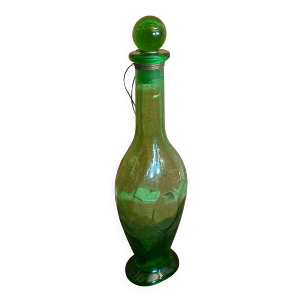 Bouteille Carafe Ancienne Verre Bullé Vert Avec Bouchon Vintage