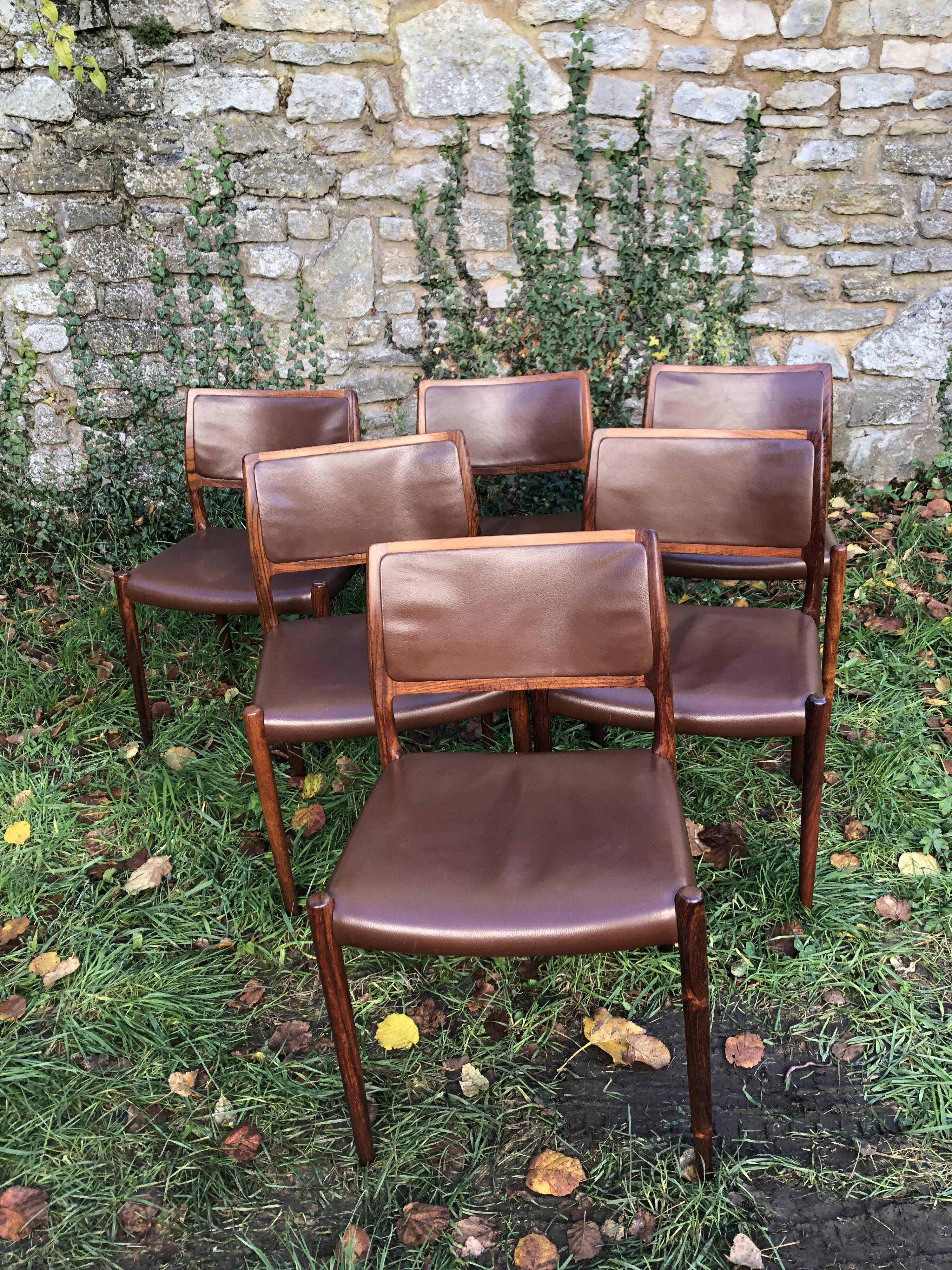Chairs Niels Otto Møller model 80 brown leather and rosewood 60s