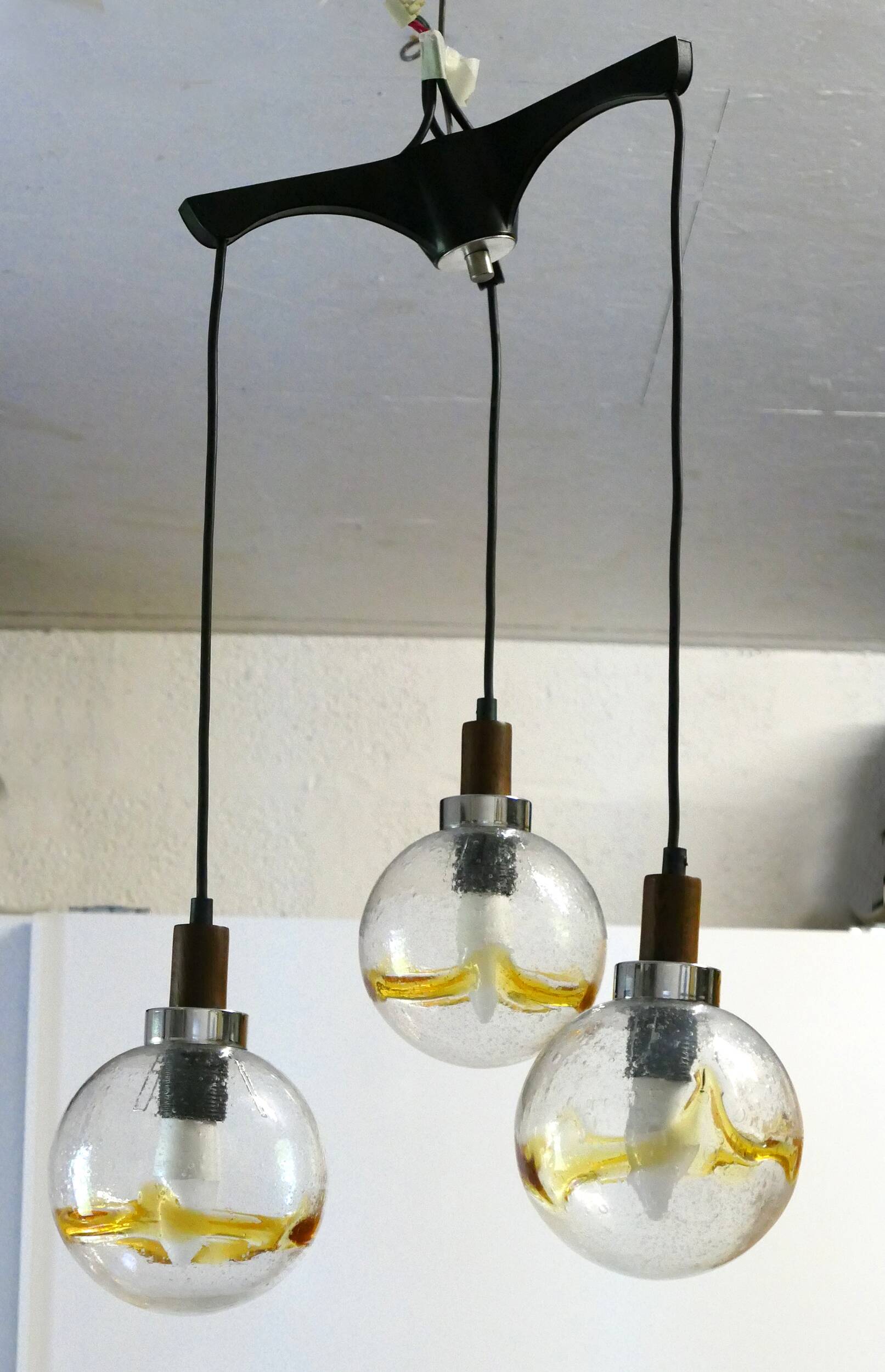 1970s teak, chrome metal and glass 3-globe pendant chandelier