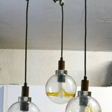 1970s teak, chrome metal and glass 3-globe pendant chandelier
