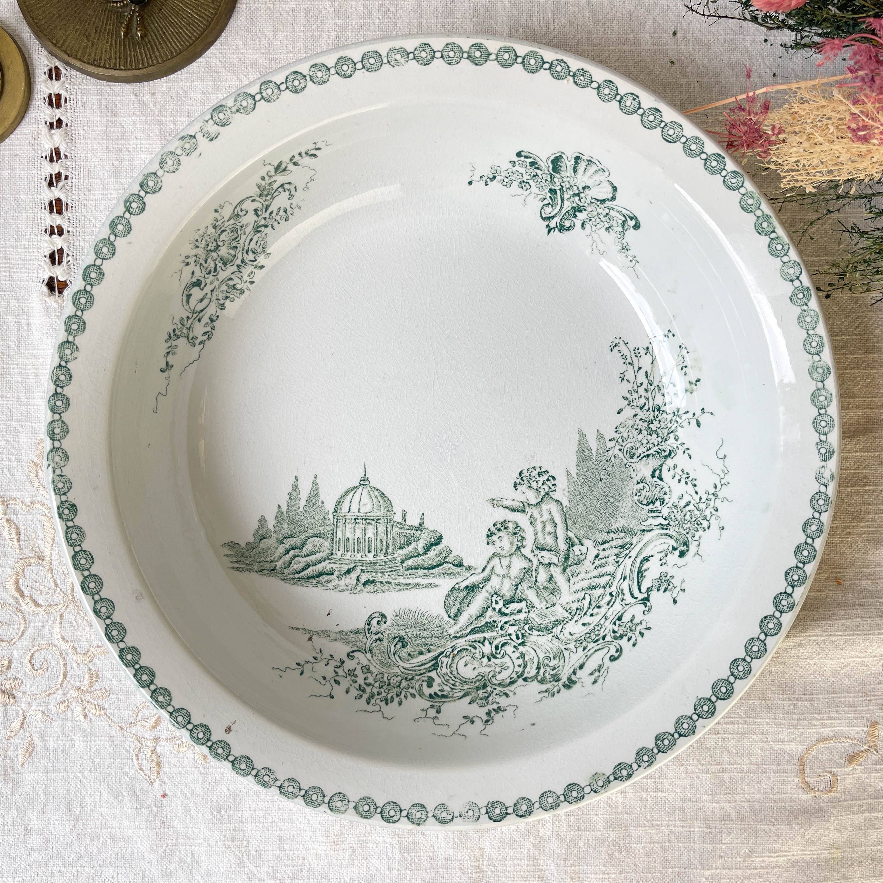 Vintage hollow dish French Terre de Fer St Amand TRIANON cherub motif 19th century