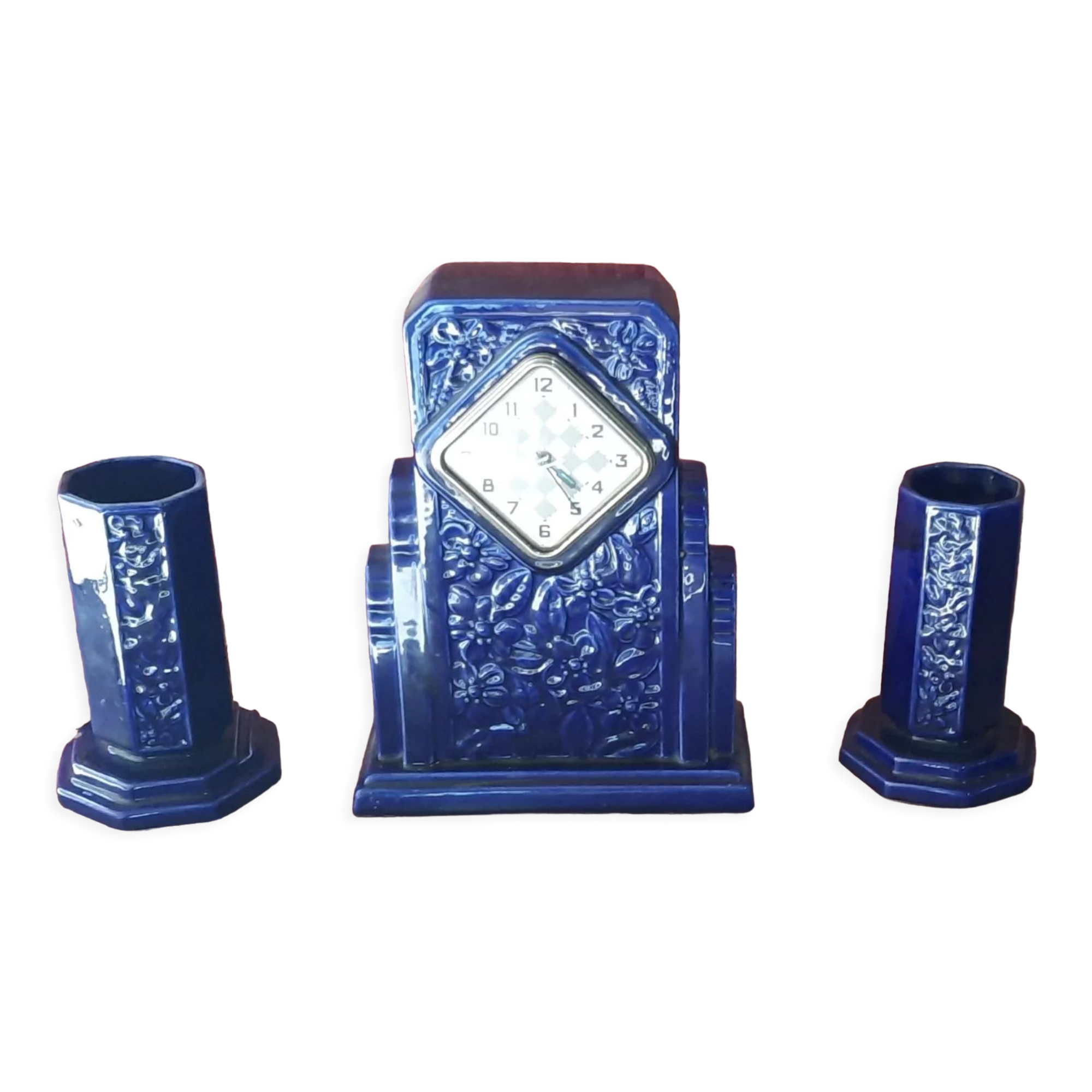 Clock and 2 vases art deco sarreguemines digoin
