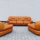 Canapé et fauteuils en cuir cognac par Sapporo pour Mobil, Italie