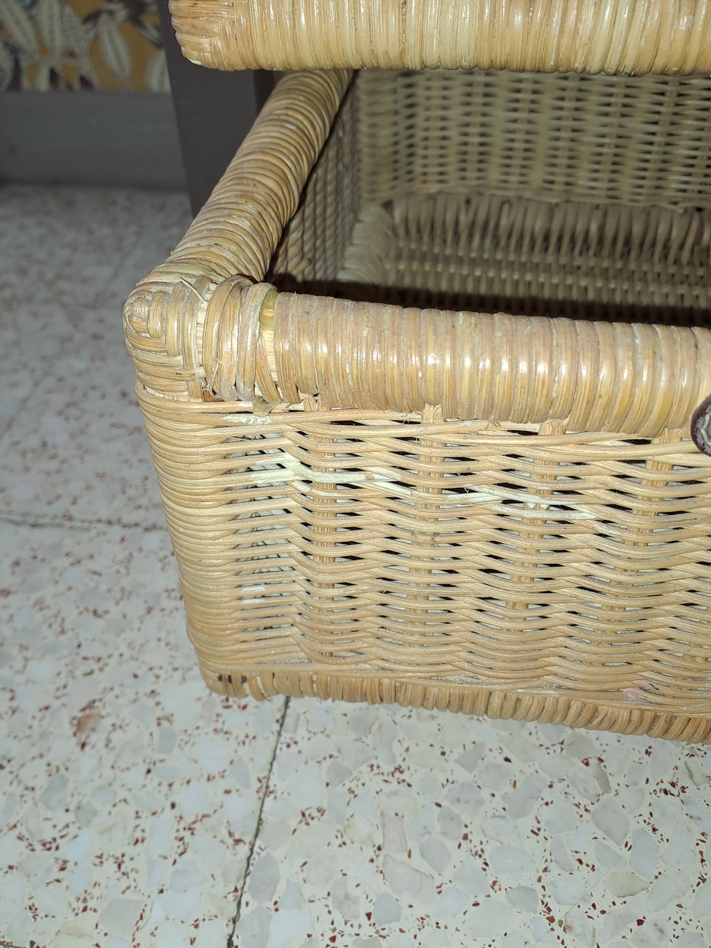 Wooden and wicker storage unit France 1980 / in dark brown repainted wood and 3 wicker drawers