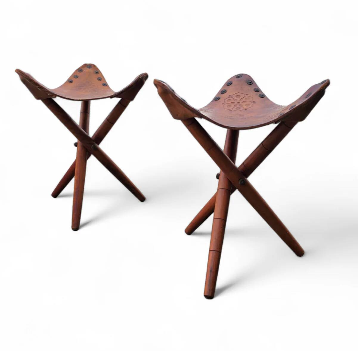 2 x matching vintage tooled leather tripod chair / camp chair