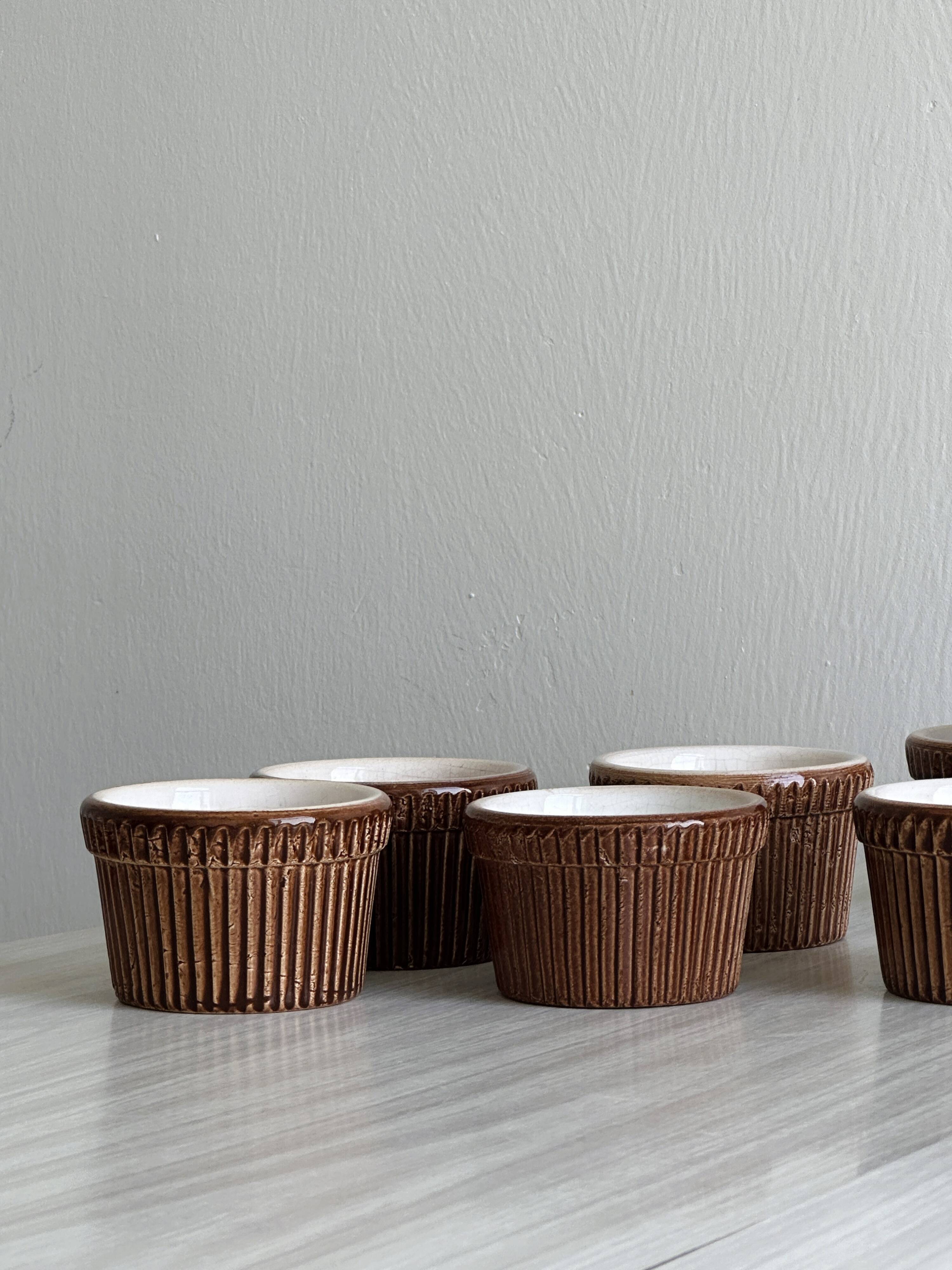 8 antique ceramic ramekins, brown finish