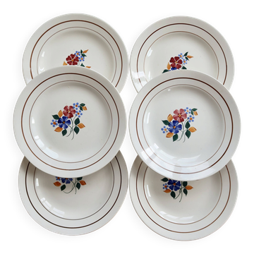 6 vintage flat plates faience Saint-Amandinoise model 7502 – Floral decor