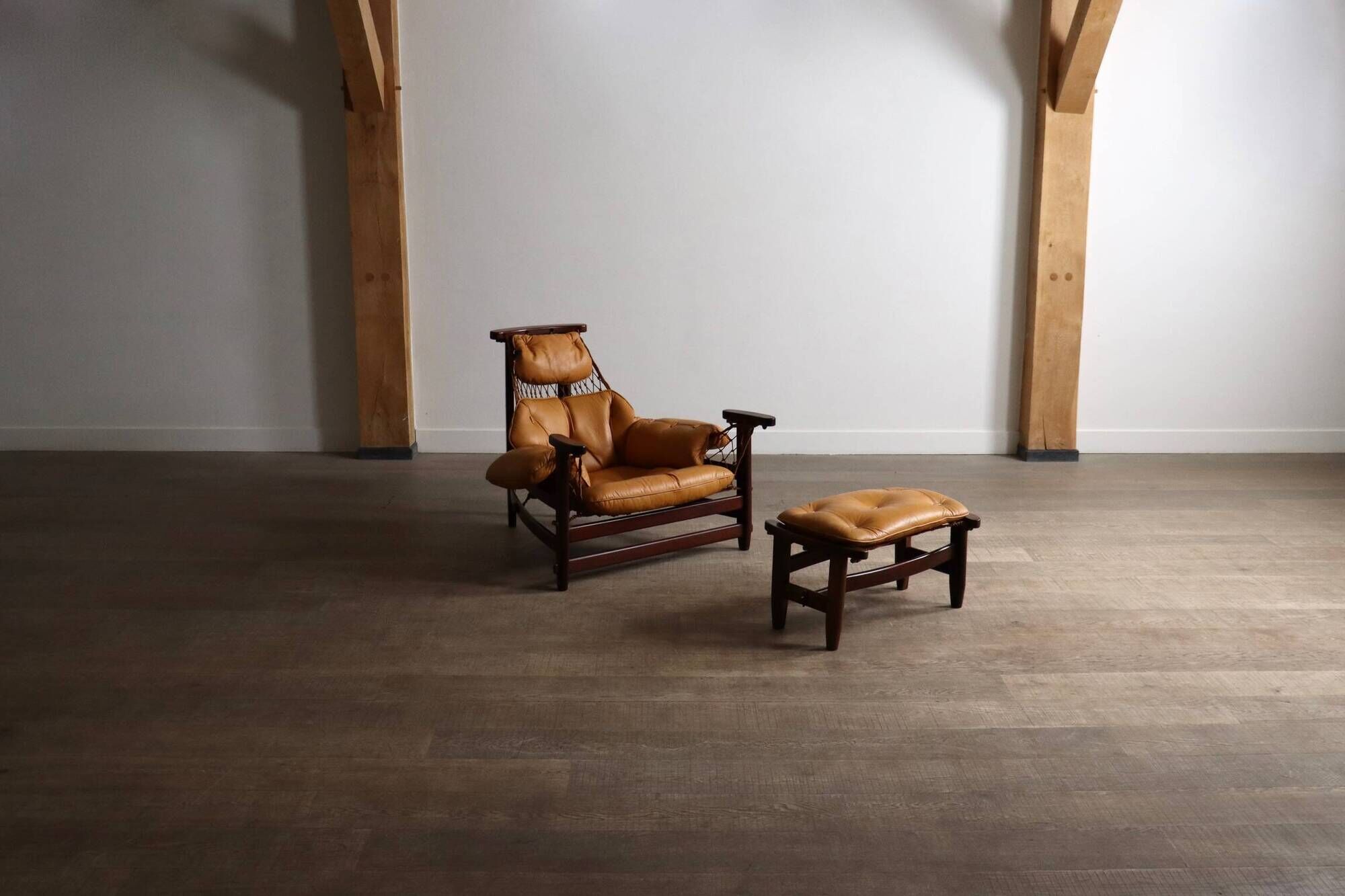 Jangada lounge chair with ottoman in cognac leather by Jean Gillon, Brazil, 1960s