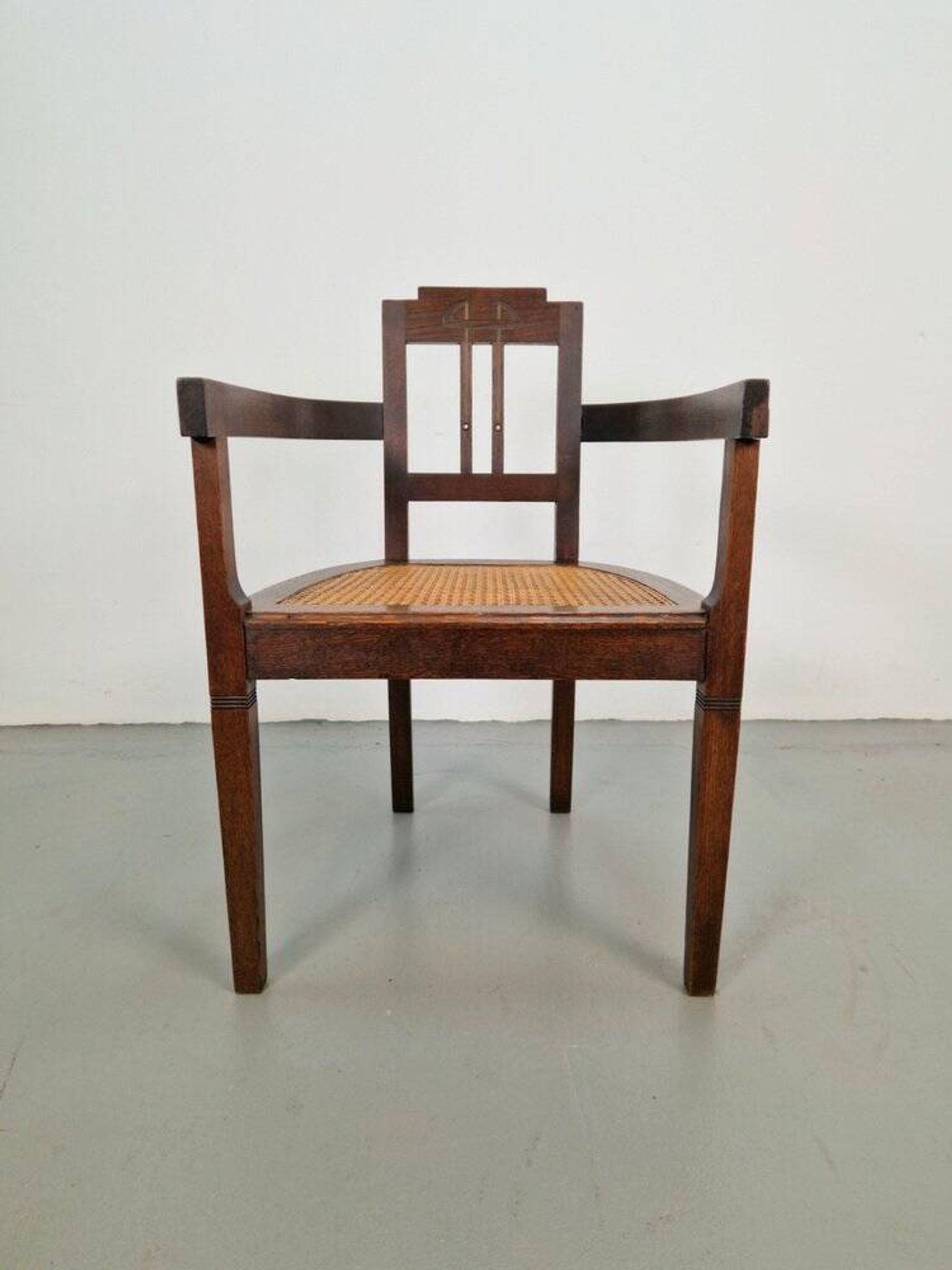 Art Nouveau Deco Armchair in Rattan Webbing, Oak and Copper, 1920s