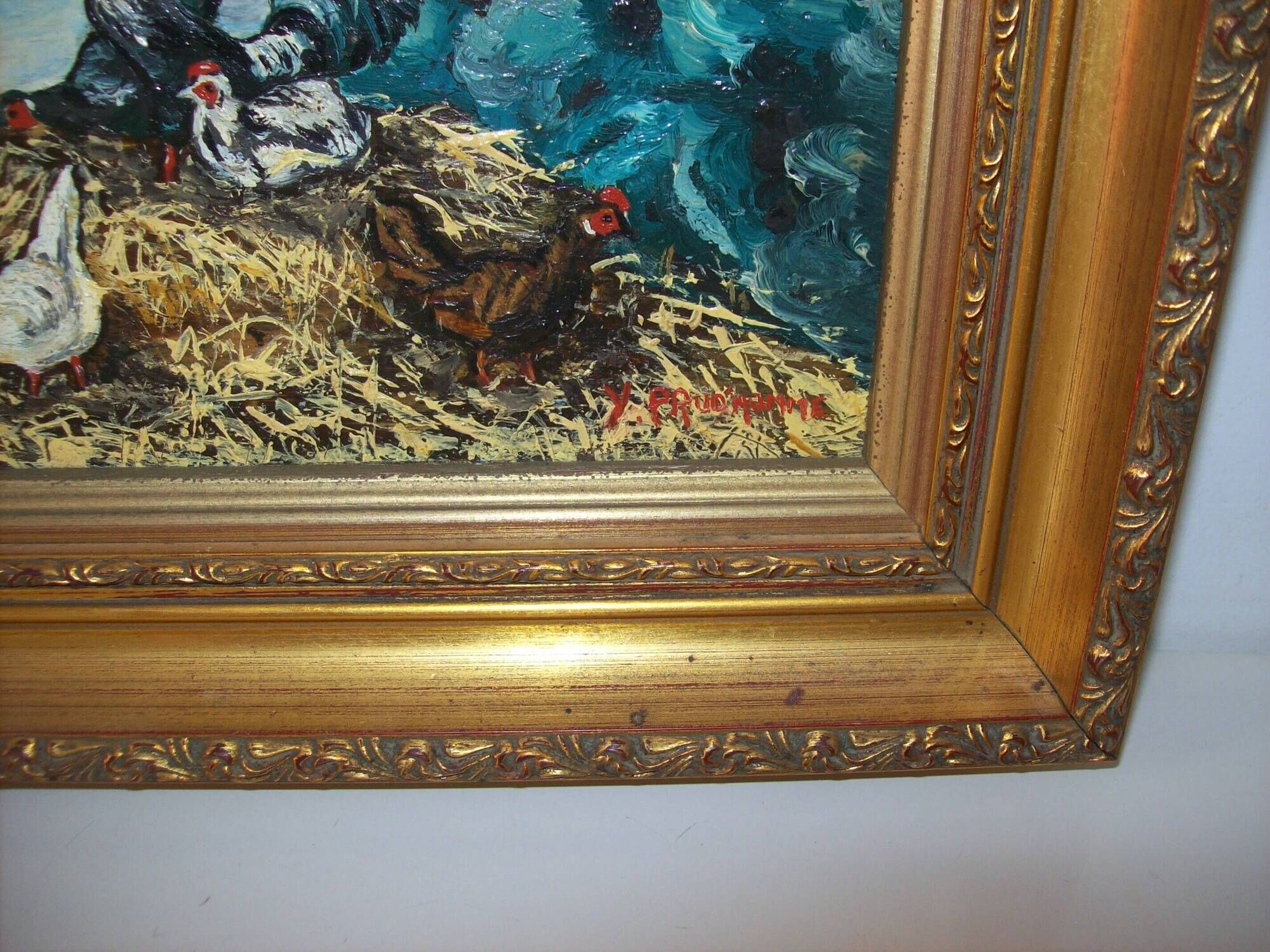 Oil on wood panel rooster and hens signed