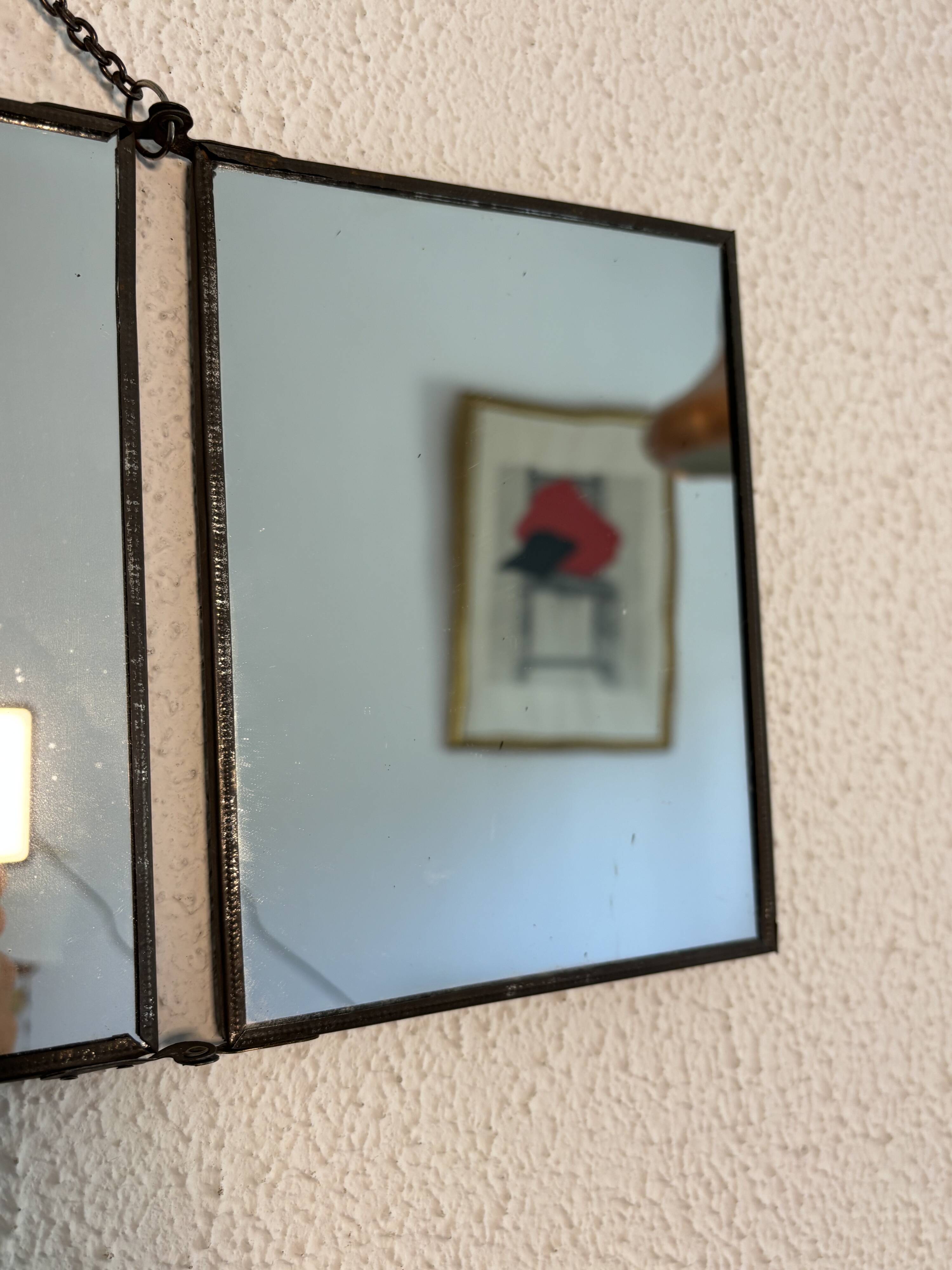 Vintage 1930s triptych mirror depicting a barber, hairdresser, and young dancer