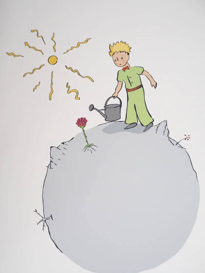 Antoine de Saint-Exupéry: The Little Prince waters his rose, lithograph.