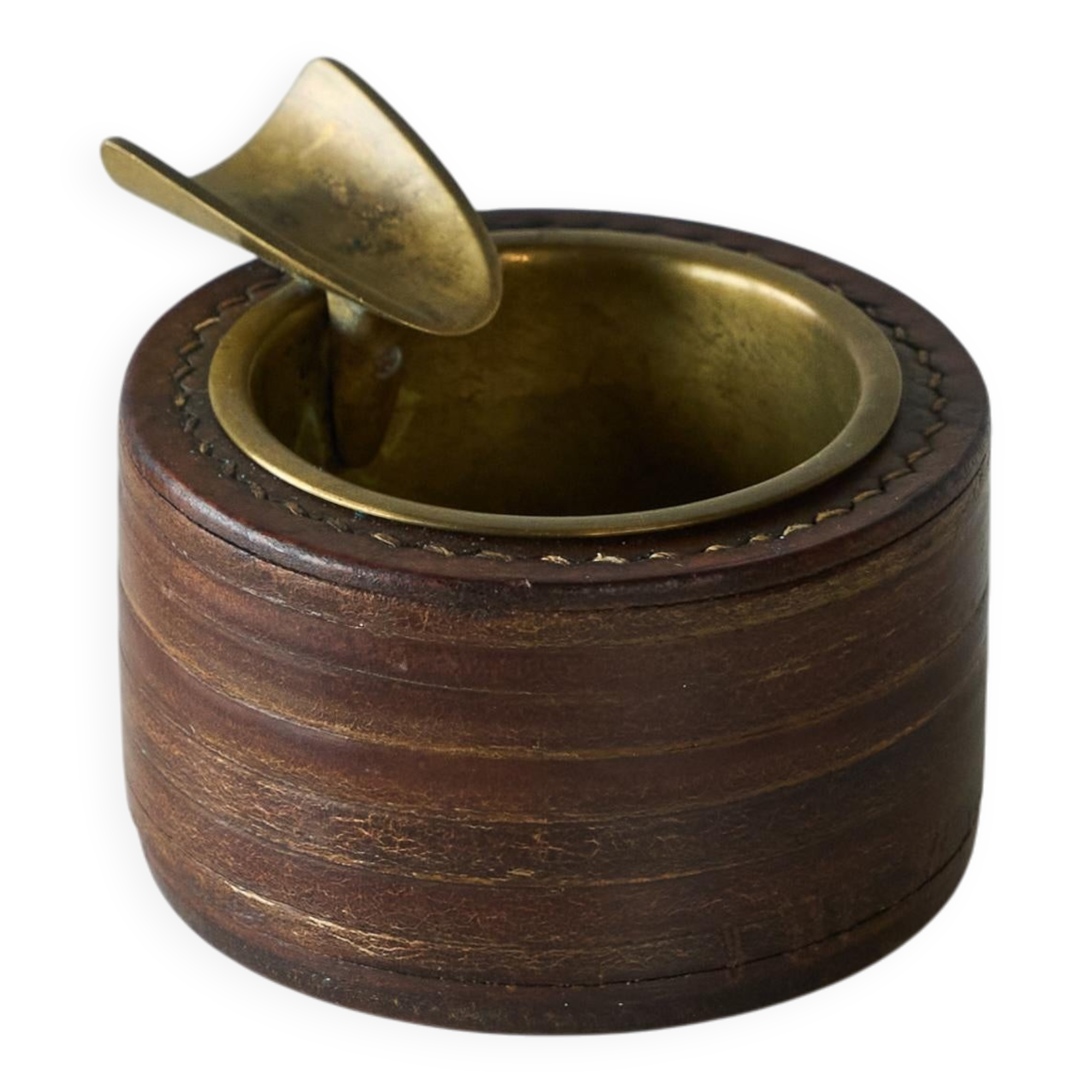Vintage leather and patinated brass ashtray, 1960s, mid-century design.