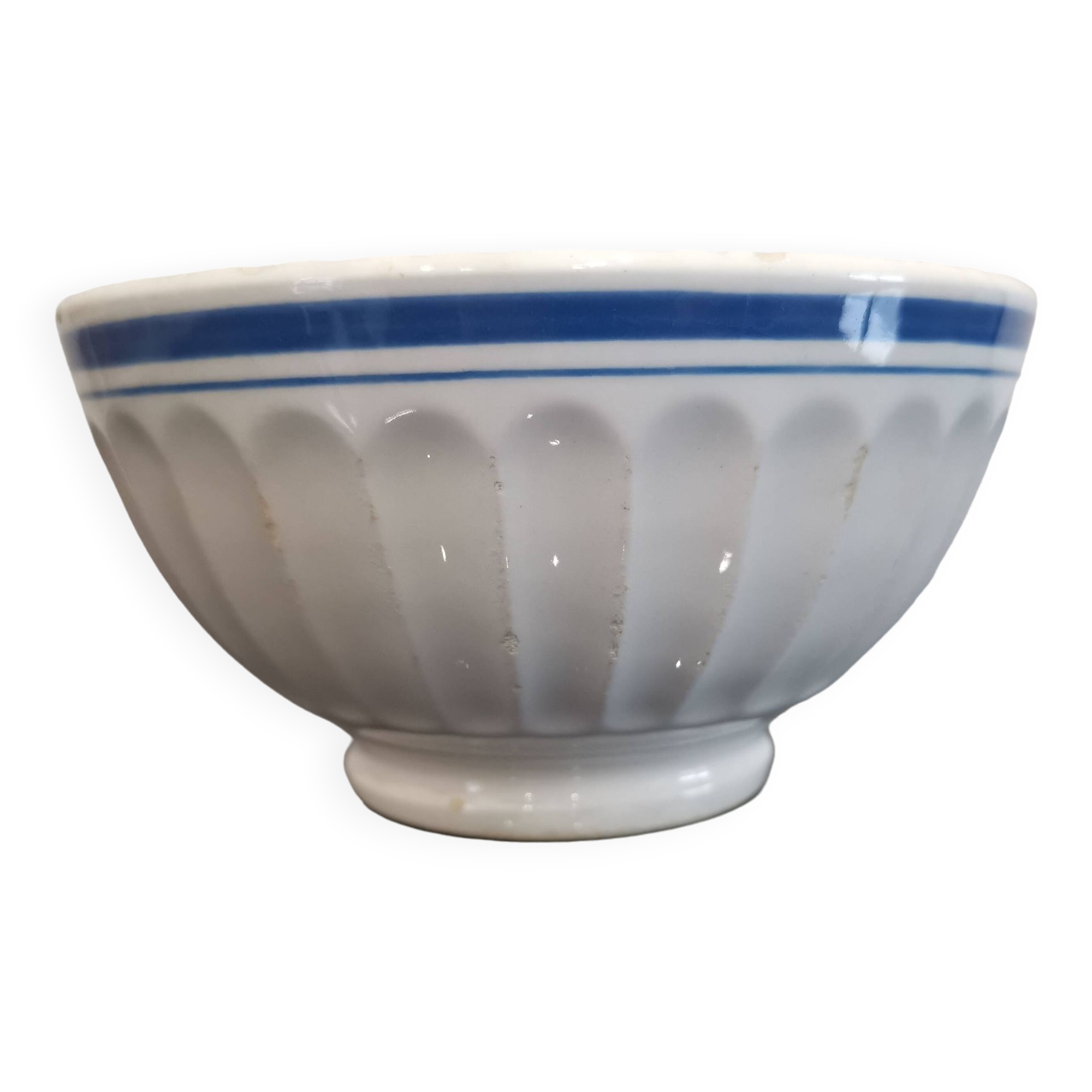 Old white bowl with blue edging Stamped Trèfle 50'S