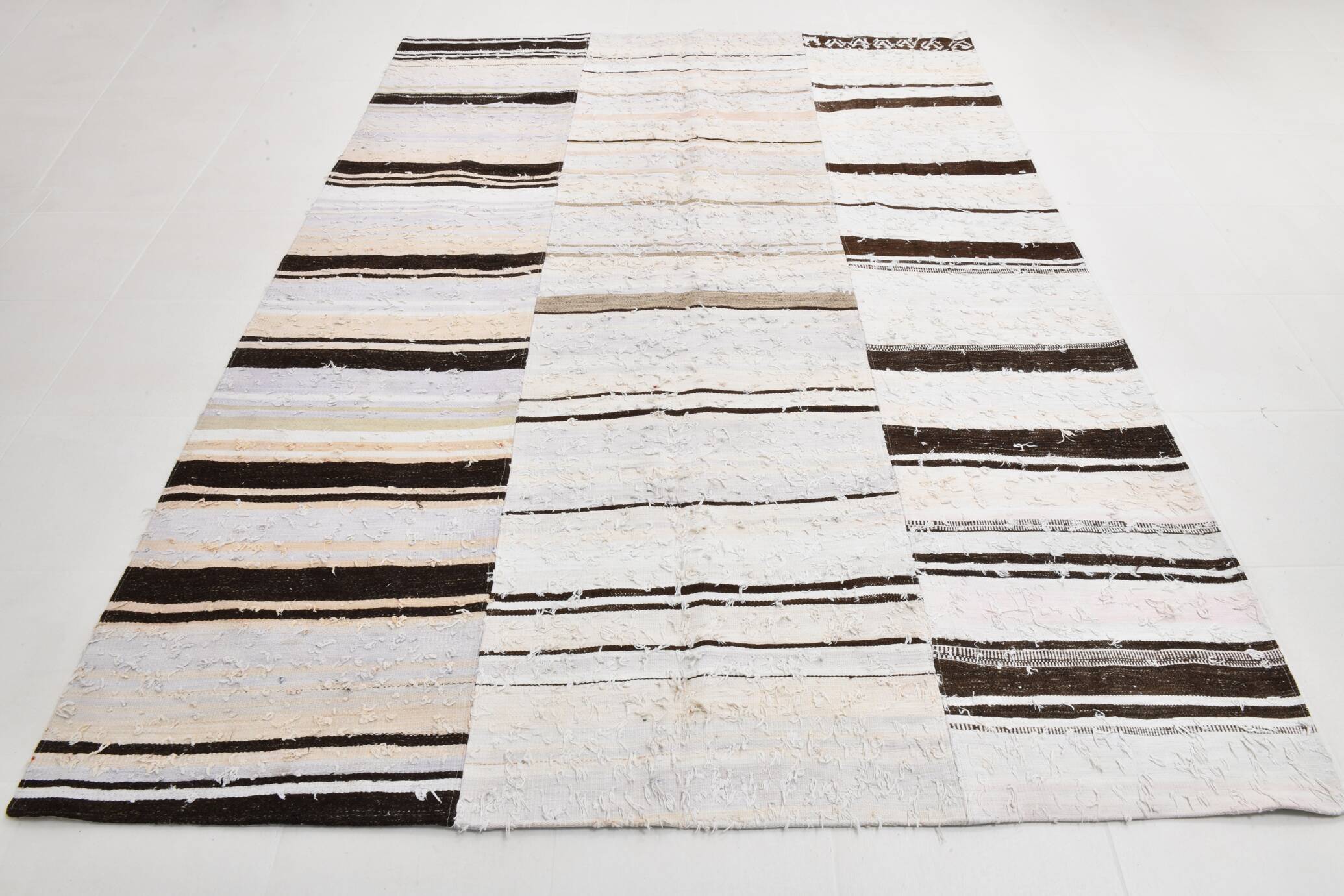 7x9 Brown Cream Striped Handmade Vintage Kilim Rug, 204x279Cm