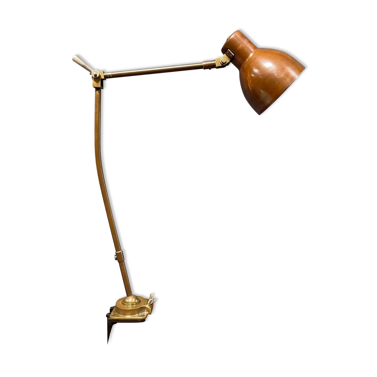 Industria Rotterdam clamp lamp made of brass and copper from the 1930s