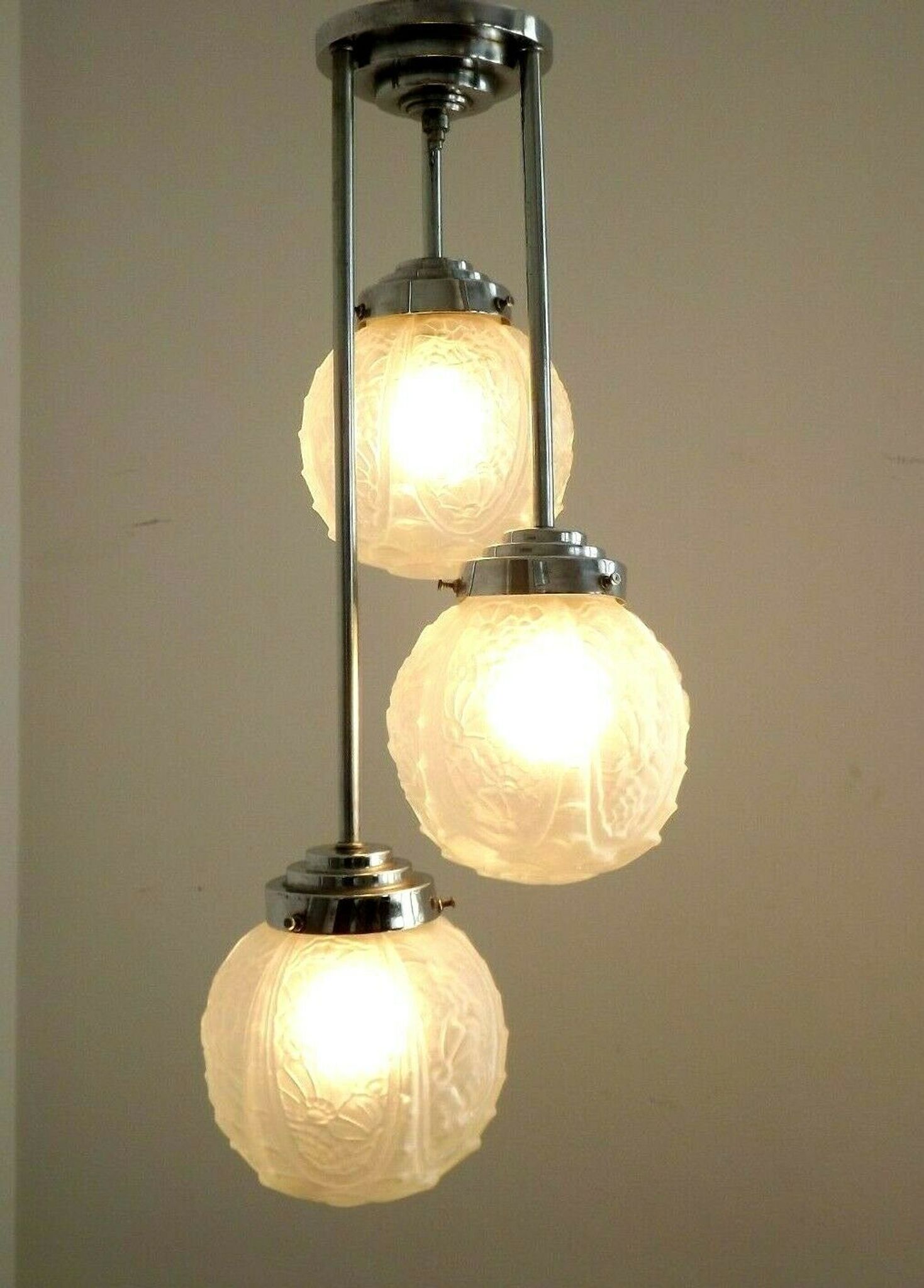 french art deco light in chrome with 3 floral opaque glass shades