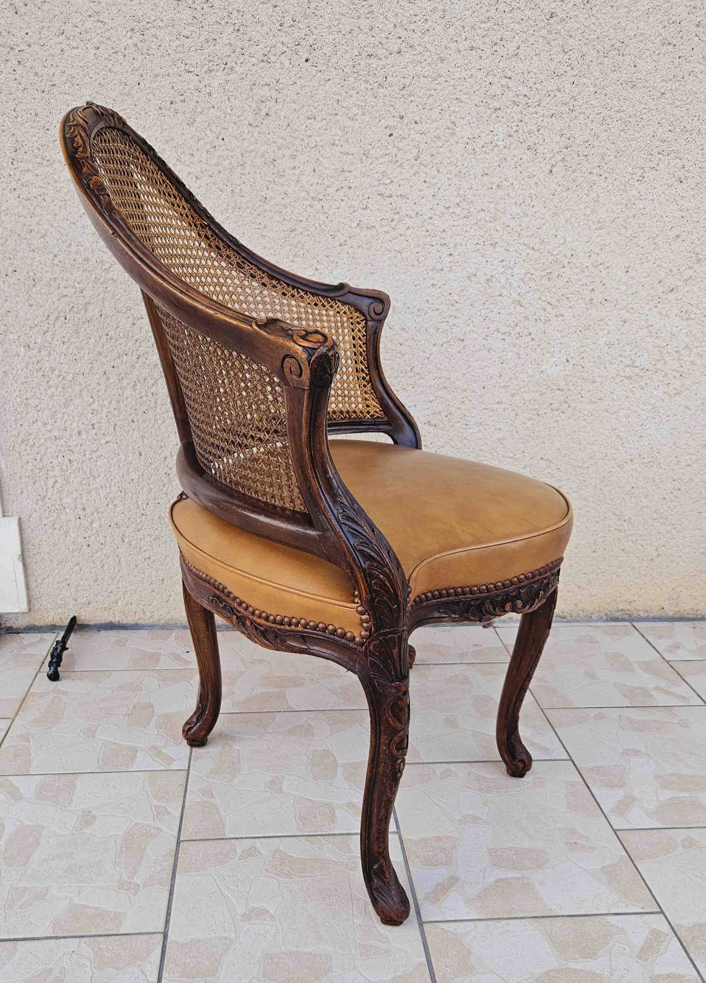 Louis xv office armchair, carved, cane, leather trimmed