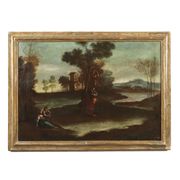Ancient painting from the 1700s, landscape with figures, oil on canvas, styled frame.