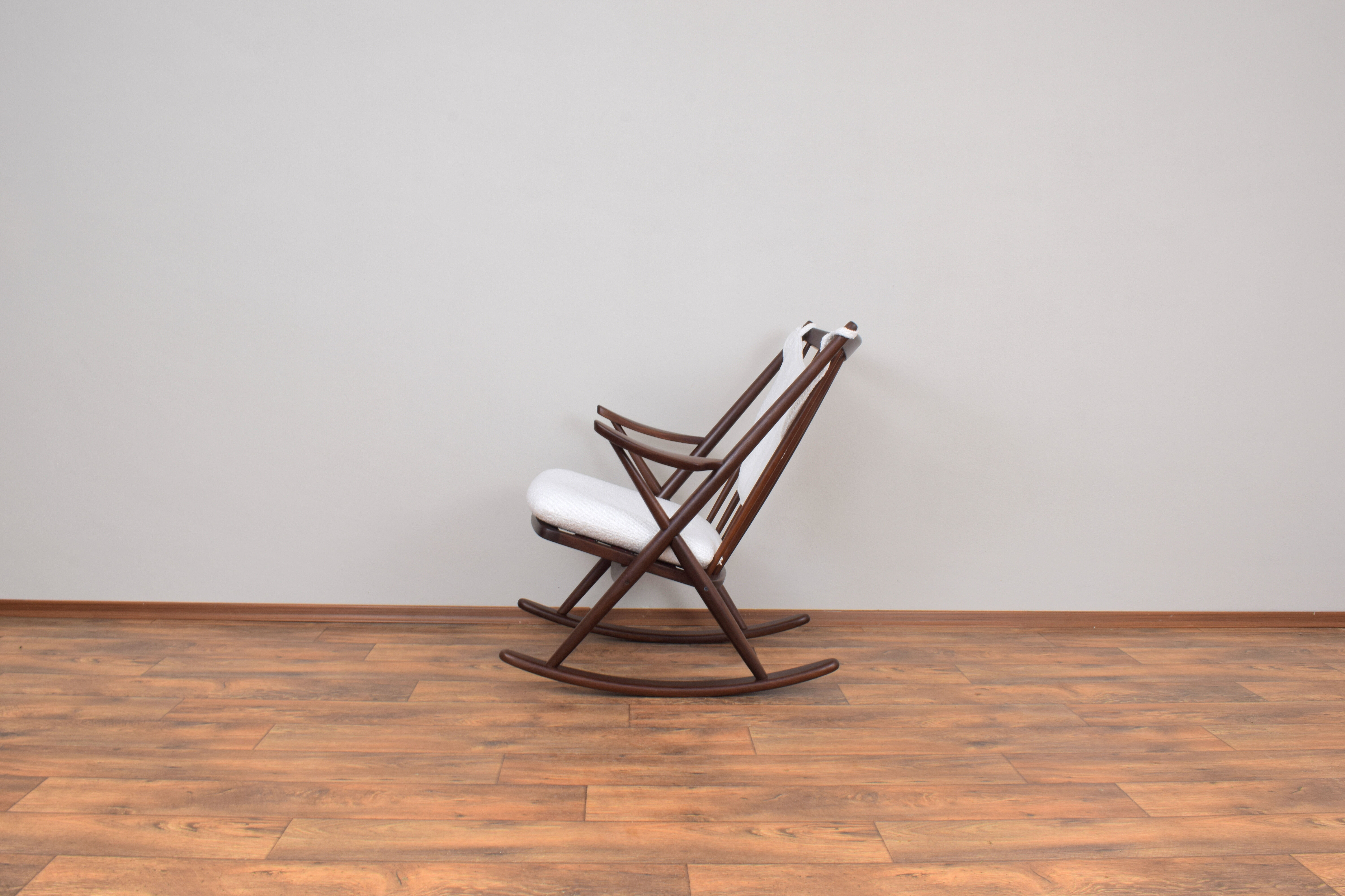 Danish teak & boucle rocking chair by Frank Reenskaug for Bramin