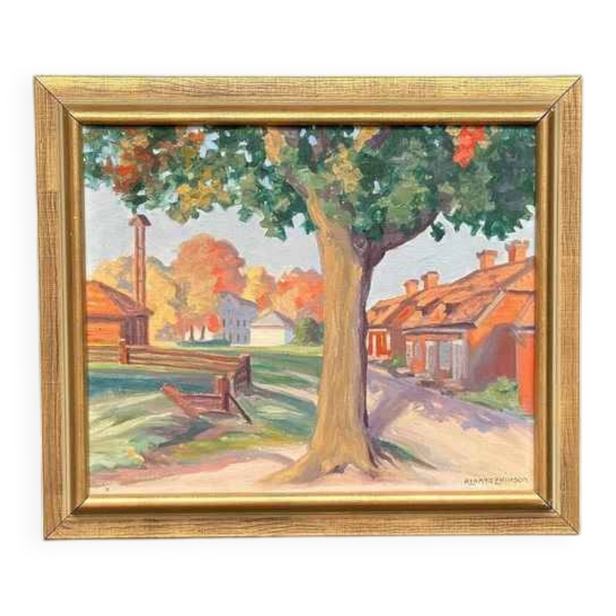 Original Mid Century Swedish Oil On Canvas – “Obscured By The Tree” By Rikard Erikson – Framed 55 × 47 Cm (21.7" × 18.5")