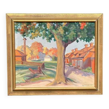Original Mid Century Swedish Oil On Canvas – “Obscured By The Tree” By Rikard Erikson – Framed 55 × 47 Cm (21.7" × 18.5")