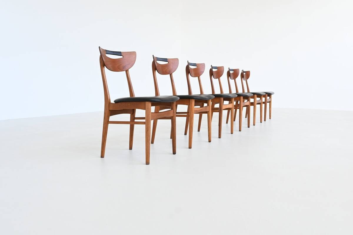 Set of six Danish dining chairs in teak and faux leather Denmark 1960