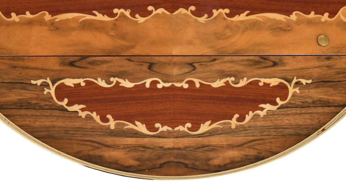 Serving table and rolling bar with drop leaves featuring floral marquetry decoration.