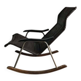 Mid-Century Japanese rocking chair in black leather, metal, and wood by Takeshi Nii (1950s)