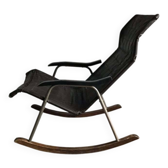 Mid-Century Japanese rocking chair in black leather, metal, and wood by Takeshi Nii (1950s)