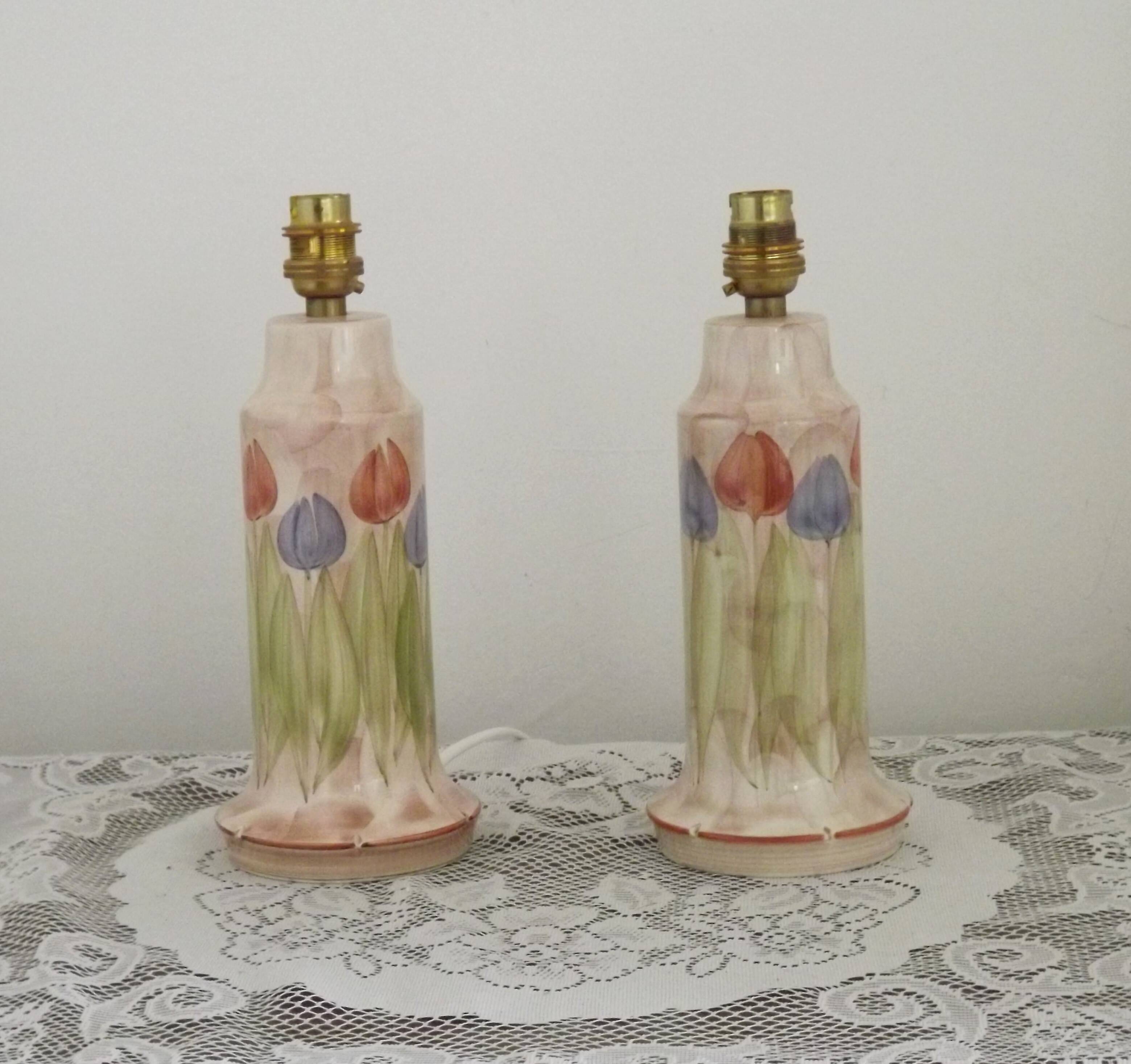 Set of 2 Hand-Painted Jersey Pottery Tulip Design Table / Bedside Lamps