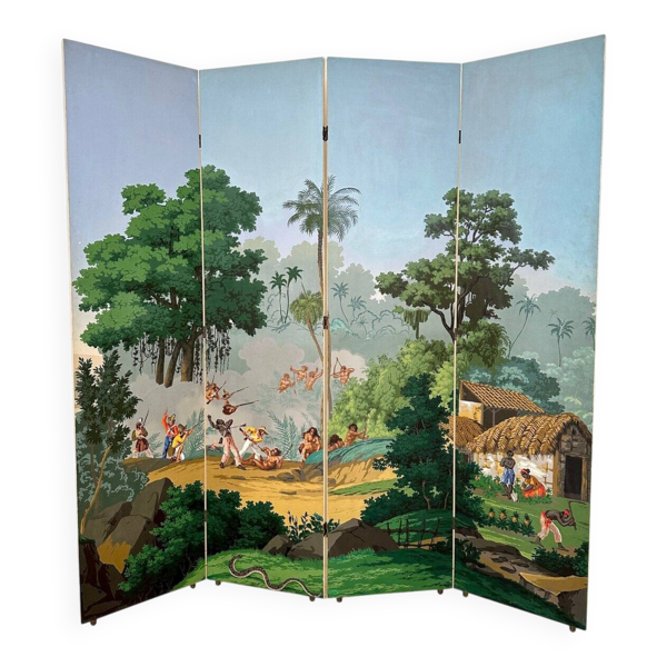 Paravent en papier peint à quatre panneaux de Zuber, années 1940