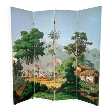 Paravent en papier peint à quatre panneaux de Zuber, années 1940