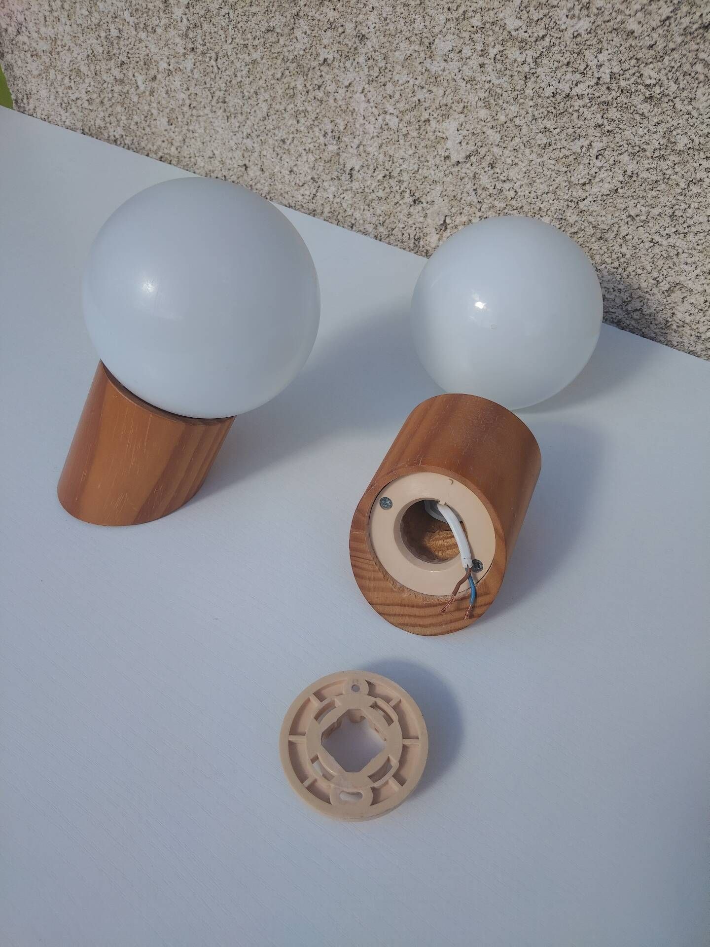 Pair of vintage wall lights in varnished pine and opal glass, 1970s-80s.