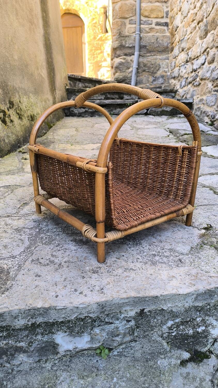 Panier à bûches en rotin et osier 1950