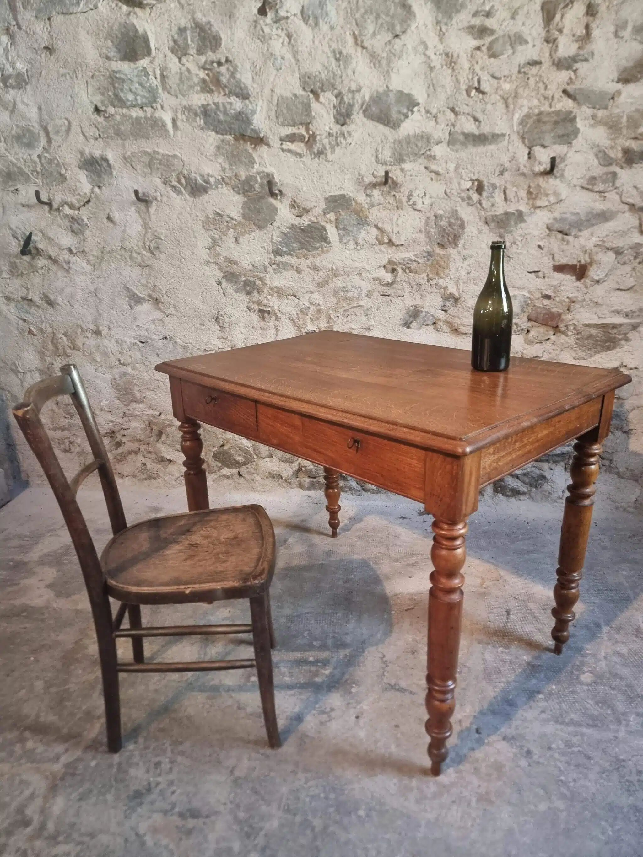Antique French oak writing desk with 2 lockable drawers, circa 1920.