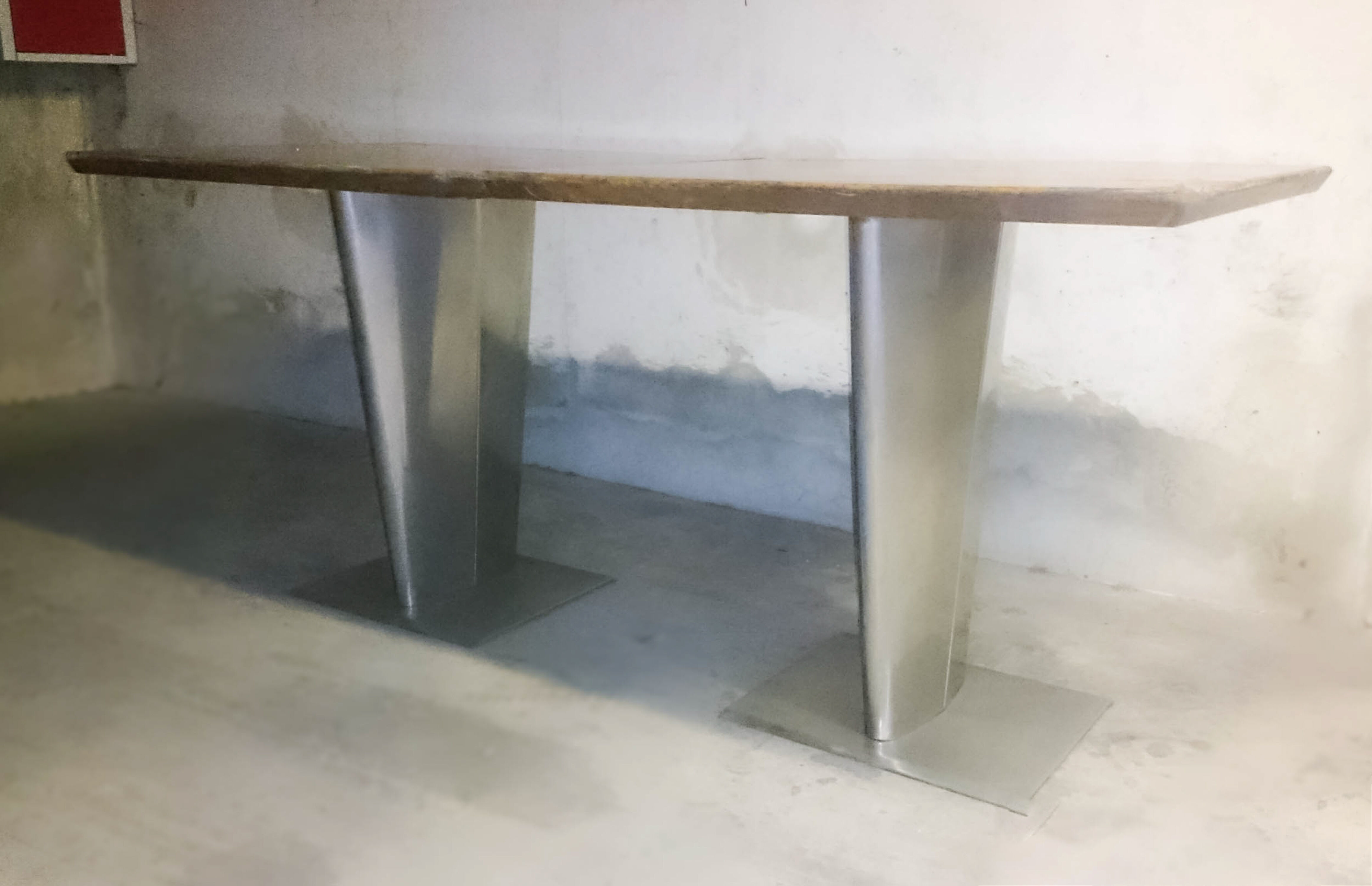 Pair of industrial metal foot tables and solid wood tray