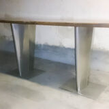 Pair of industrial metal foot tables and solid wood tray